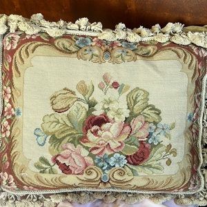 French needlework embroidery pillow cases , with tassels and cream velvet back